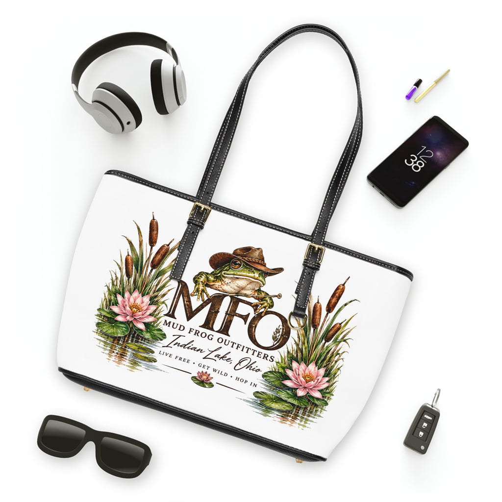 Mud Frog Outfitters PU Leather Shoulder Bag — Nature Frog Tote with 'MFO' Logo & Water Lily Design