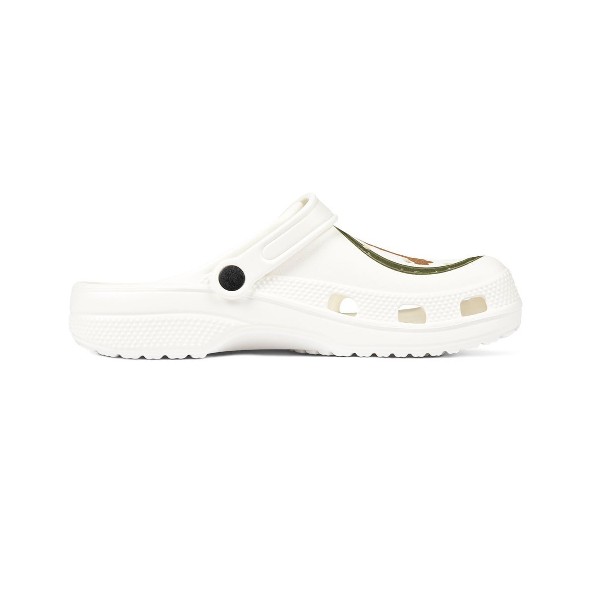 White EVA Clogs with Brown Paw Print Charm — Cute Animal Pet Lover Slip-On Shoes