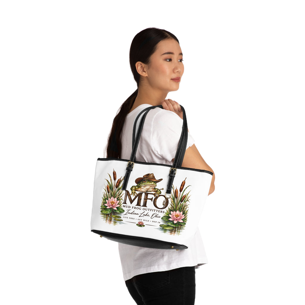 Mud Frog Outfitters PU Leather Shoulder Bag — Nature Frog Tote with 'MFO' Logo & Water Lily Design