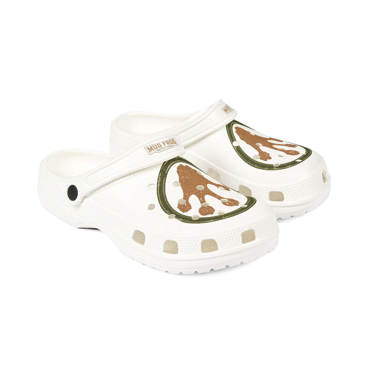 White EVA Clogs with Brown Paw Print Charm — Cute Animal Pet Lover Slip-On Shoes