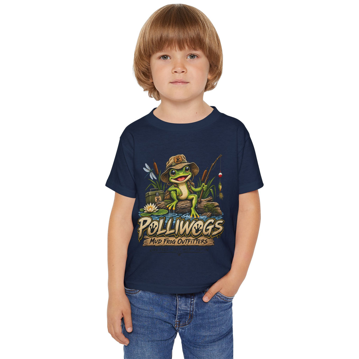 Toddler T‑Shirt — "Polliwogs Mud Frog Outfitters" Cute Fishing Frog Graphic