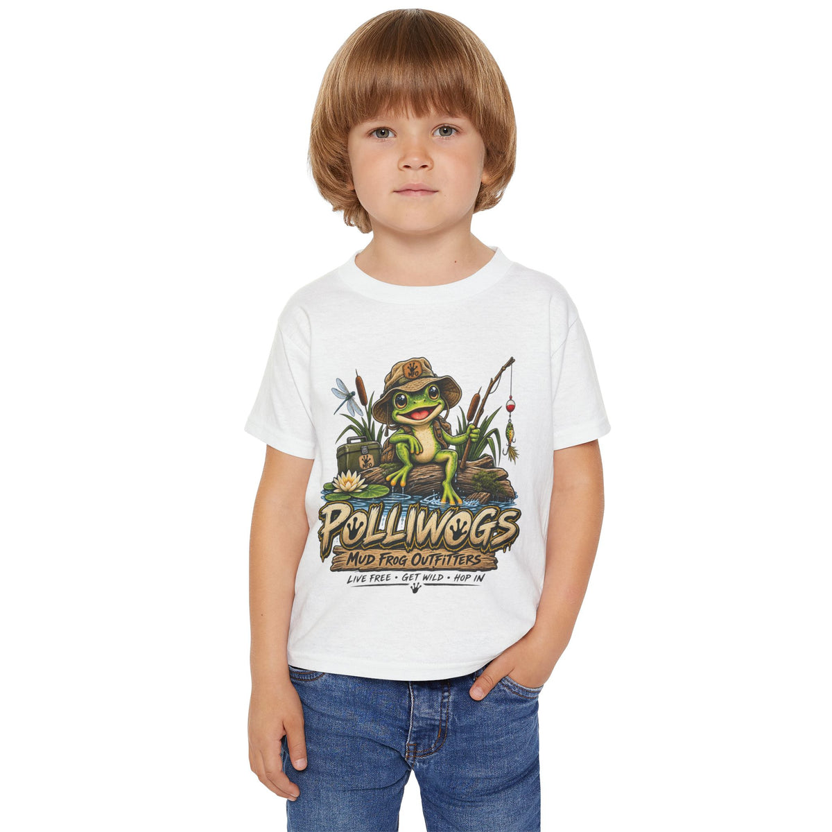 Toddler T‑Shirt — "Polliwogs Mud Frog Outfitters" Cute Fishing Frog Graphic