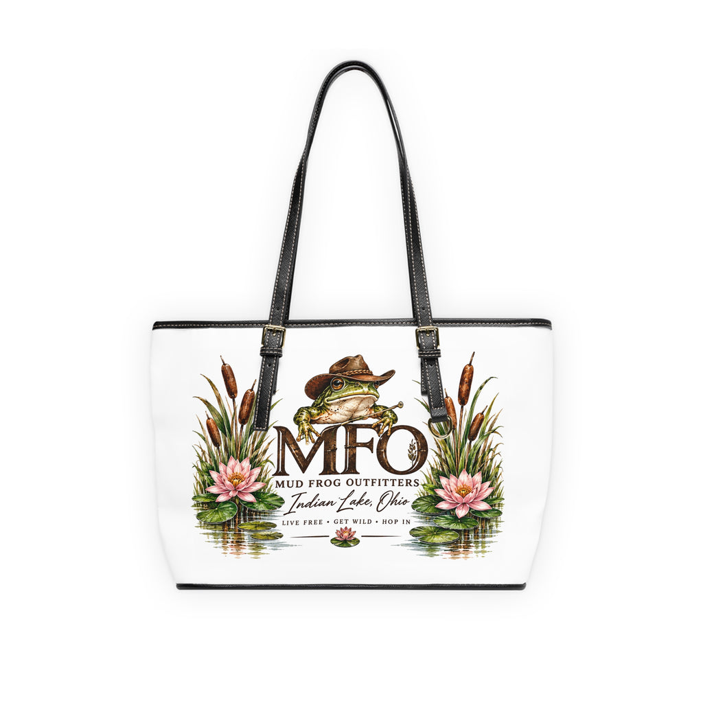 Mud Frog Outfitters PU Leather Shoulder Bag — Nature Frog Tote with 'MFO' Logo & Water Lily Design