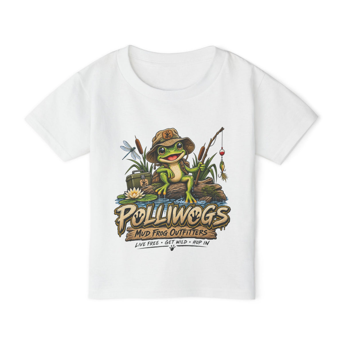 Toddler T‑Shirt — "Polliwogs Mud Frog Outfitters" Cute Fishing Frog Graphic