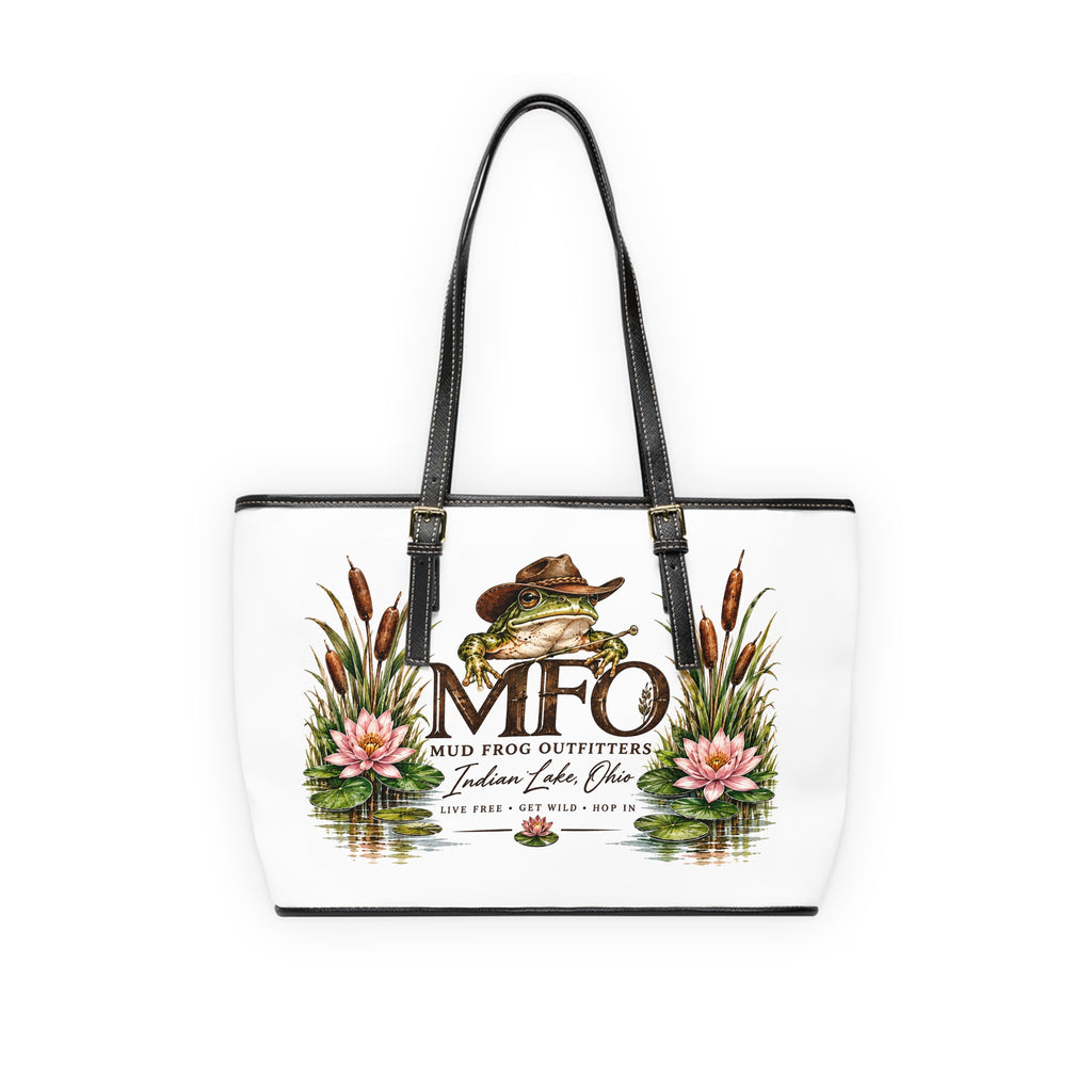 Mud Frog Outfitters PU Leather Shoulder Bag — Nature Frog Tote with 'MFO' Logo & Water Lily Design