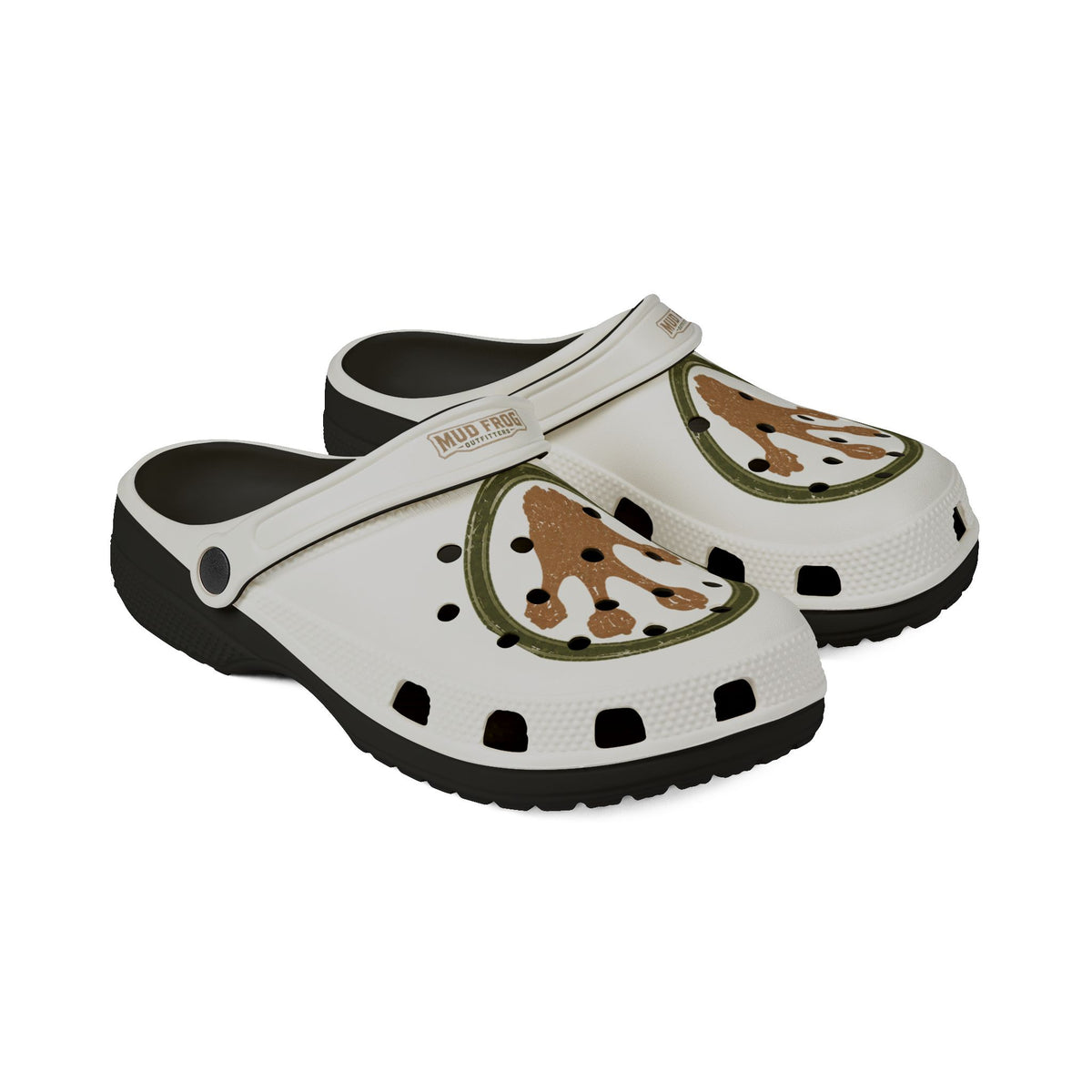 White EVA Clogs with Brown Paw Print Charm — Cute Animal Pet Lover Slip-On Shoes