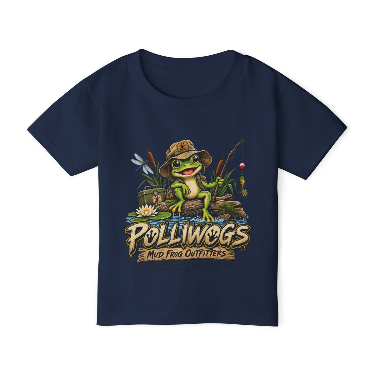 Toddler T‑Shirt — "Polliwogs Mud Frog Outfitters" Cute Fishing Frog Graphic