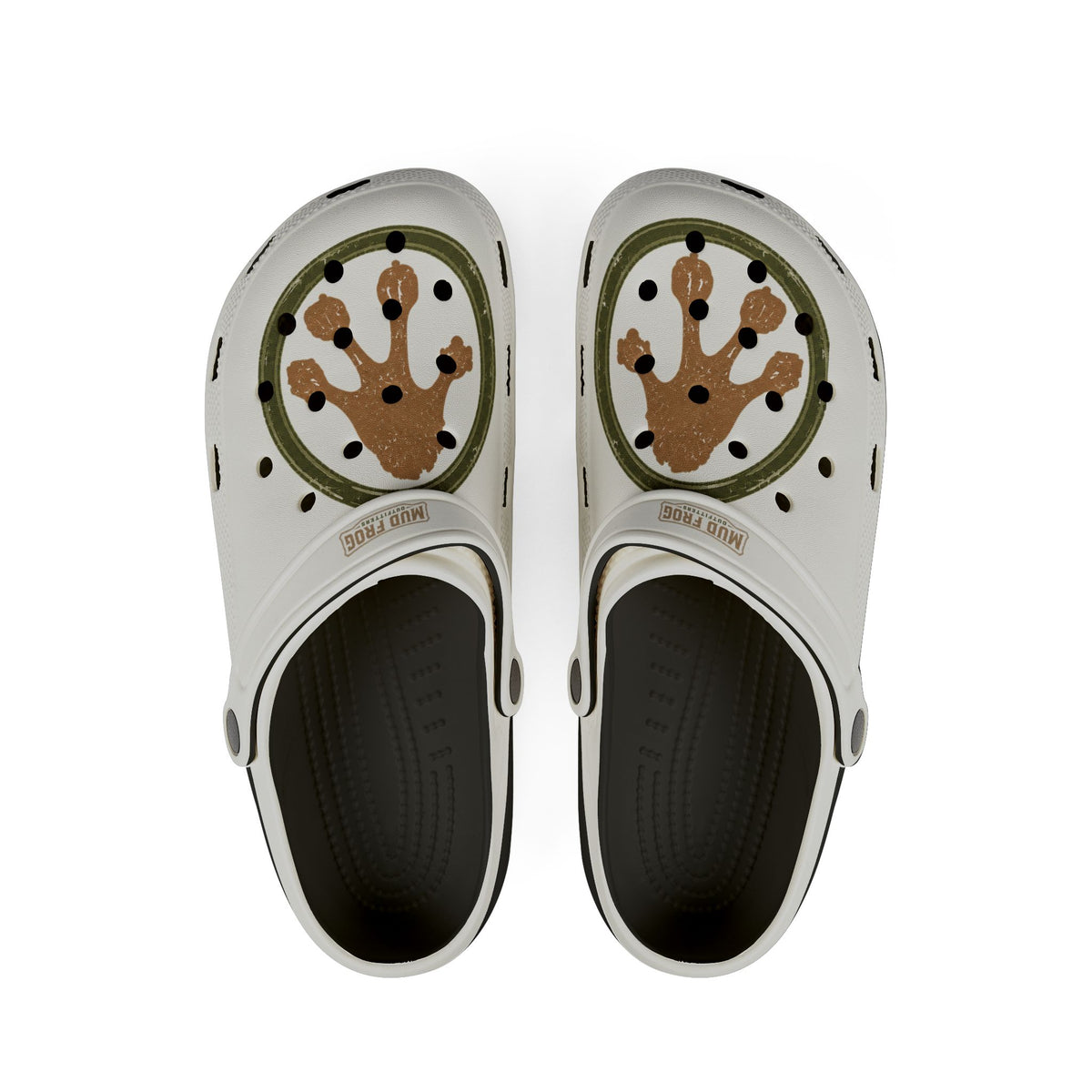 White EVA Clogs with Brown Paw Print Charm — Cute Animal Pet Lover Slip-On Shoes